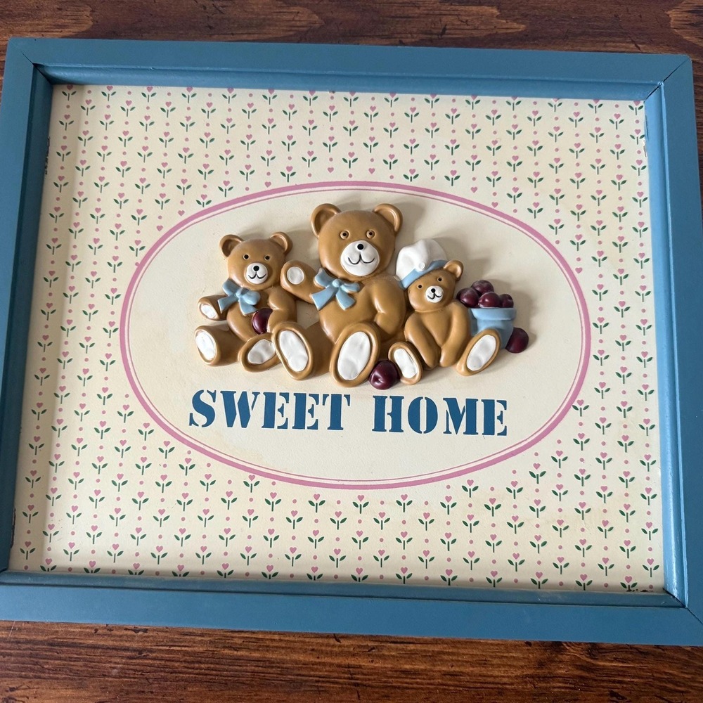 Vintage 1980s 3D Teddy Bear Framed  Wall Art Sweet Home